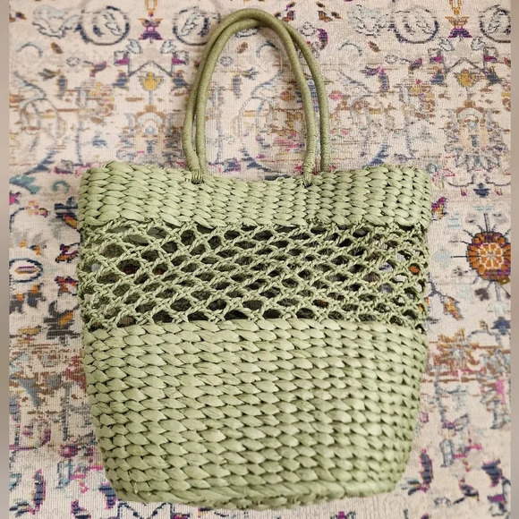 Wicker Beach Oversized Bag Sage Green Lightweight Summer Tote - Picture 2 of 9